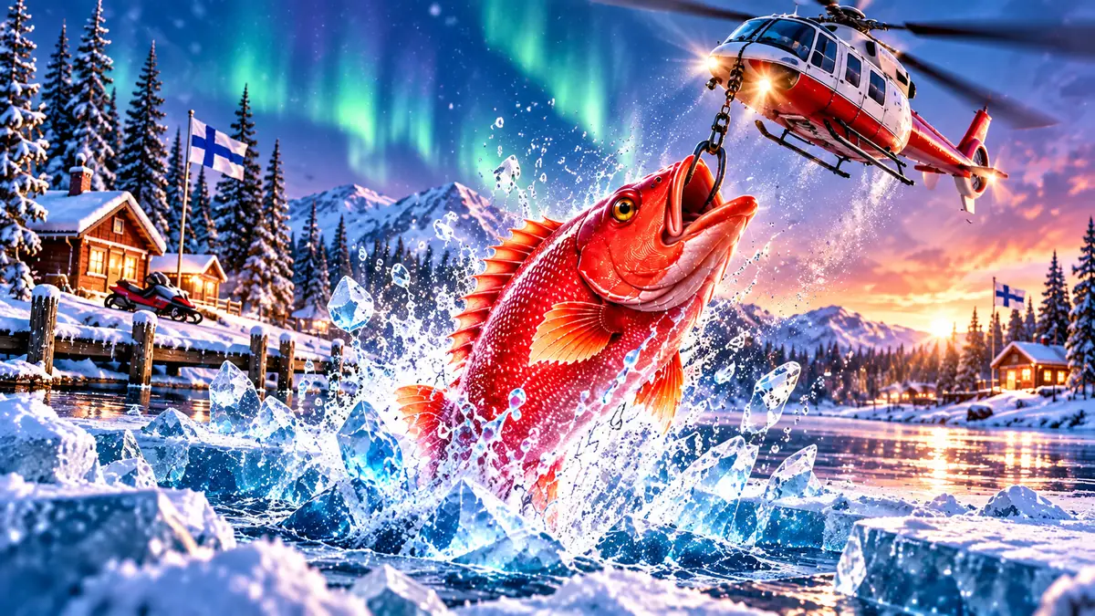 Helikopteri nostaa jättimäisen punaisen kalan jäältä Ice Fishingissä