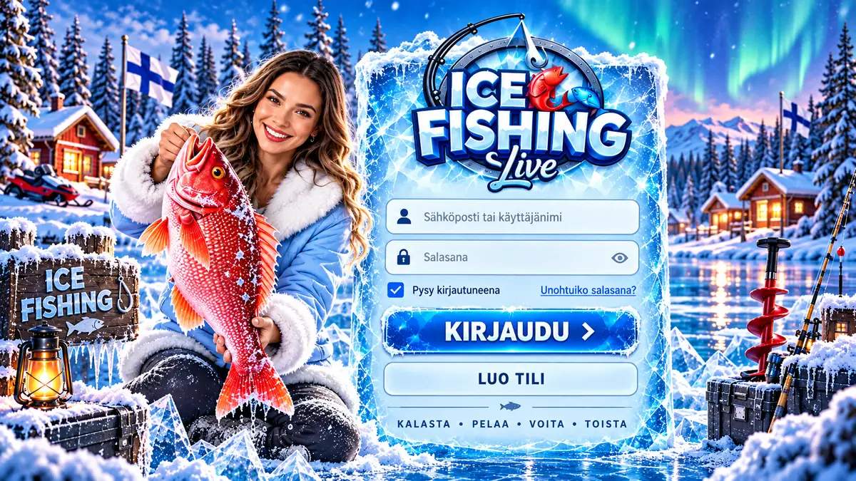 Ice Fishing -kirjautumisikkuna: sähköposti, salasana ja Kirjaudu-painike, vieressä pelaaja punaisen kalan kanssa