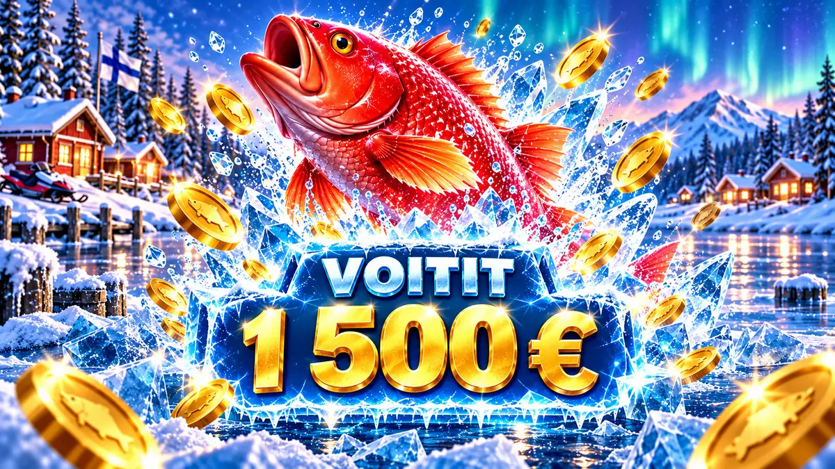 Ice Fishing -voittobanneri ”Voitit 1 500 €” punaisen kalan ja kultakolikoiden kanssa