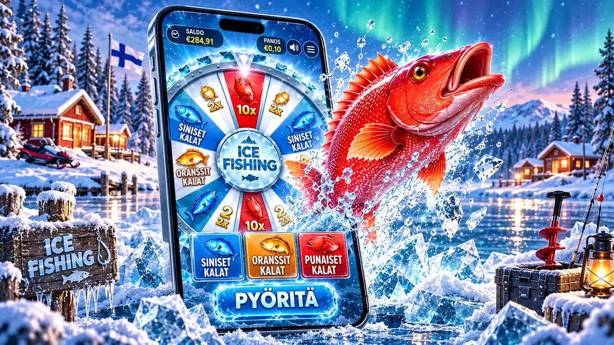 Ice Fishing mobiilissa: pyörä, sinisten, oranssien ja punaisten kalojen panospainikkeet ja Pyöritä-nappi