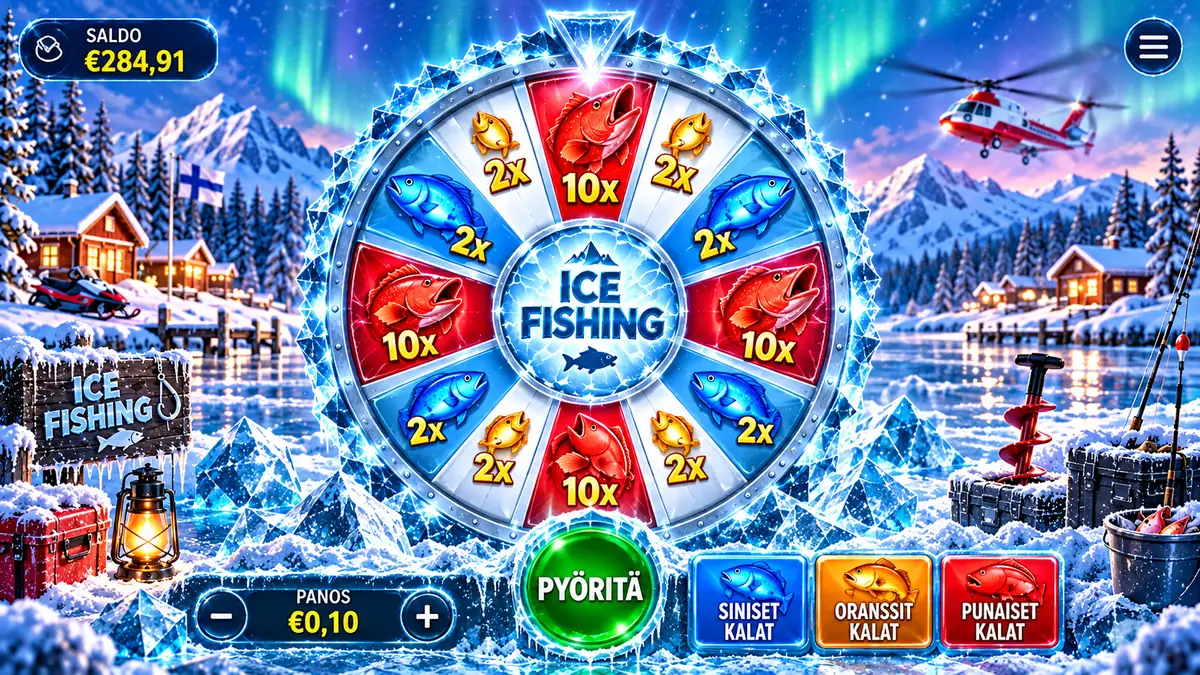 Ice Fishing -pelinäkymä: pyörä, saldo, 0,10 €:n panos ja Pyöritä-painike